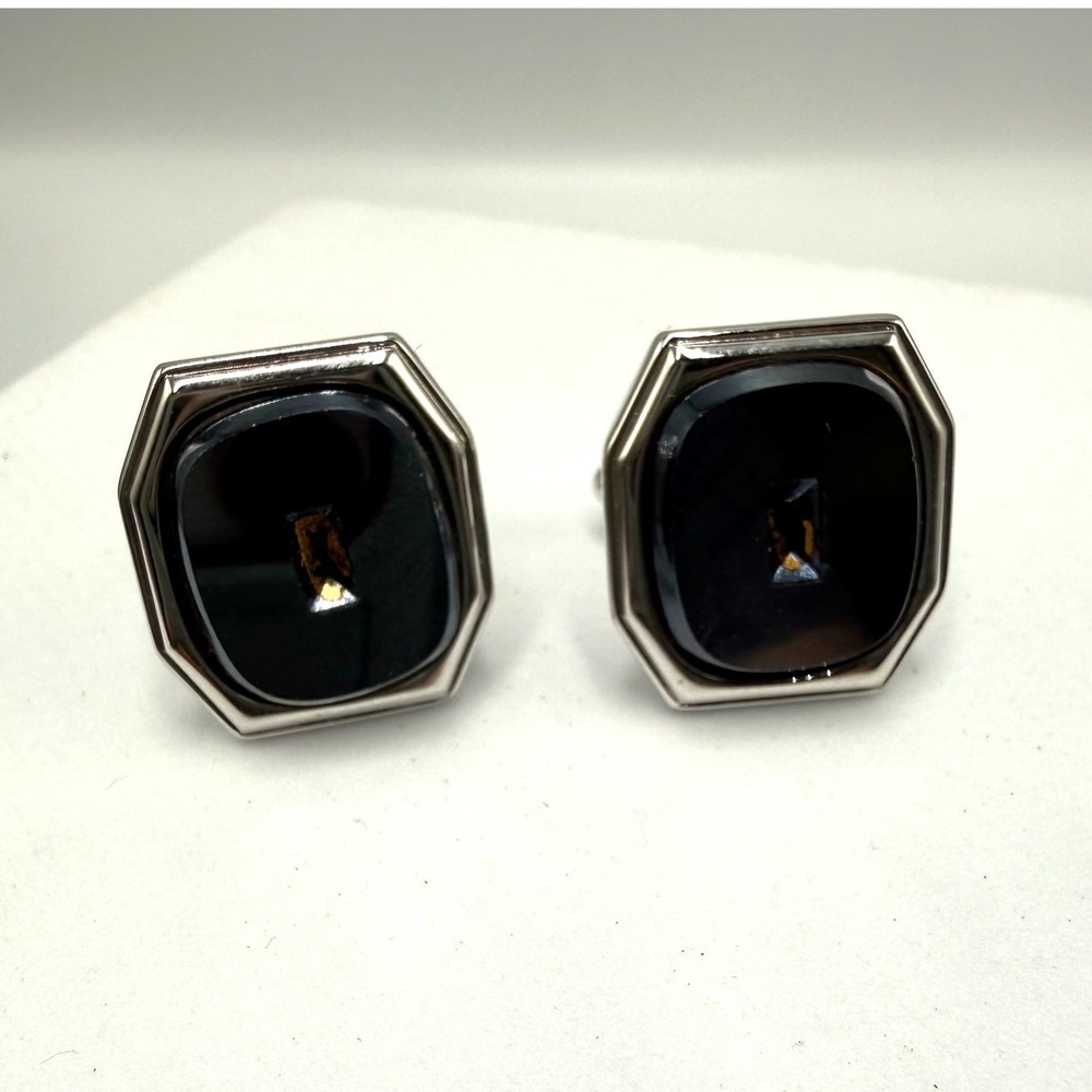Hickok USA Vintage Mens Octagon Black Cabochon Silver Tone Toggle Cufflinks